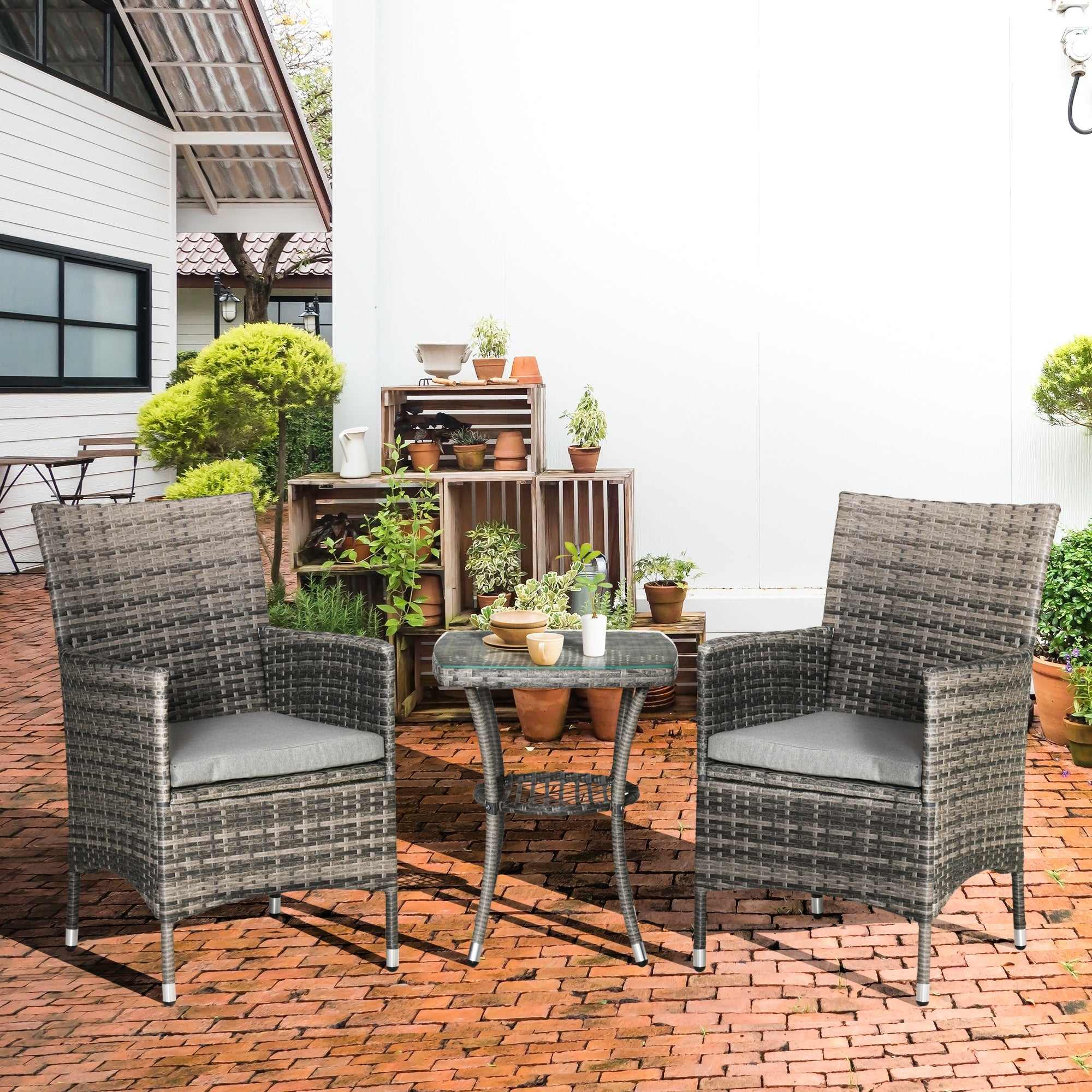 Outsunny Rattan Bistro Set 3PC Grey Armchair Glass Top Coffee Table Outdoor Patio Furniture Wicker Weave Garden Balcony