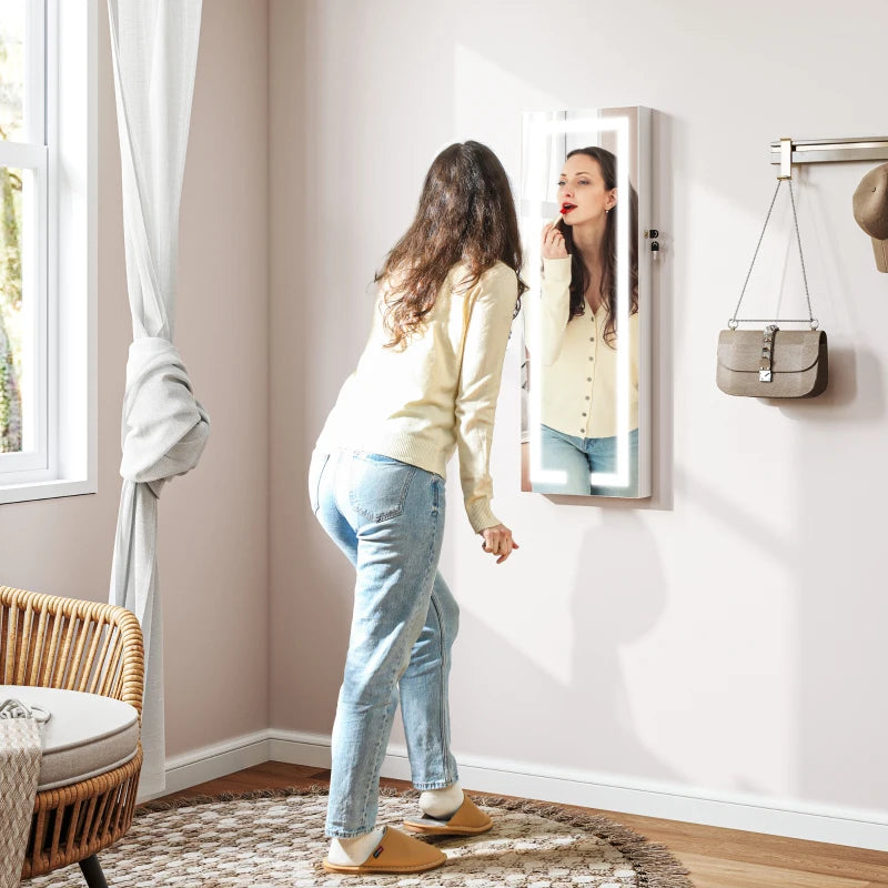 LED Lighted Jewelry Armoire with Mirror Jewelry Cabinet with Storage Lockable Door/Wall Mounted Jewelry Organizer, White