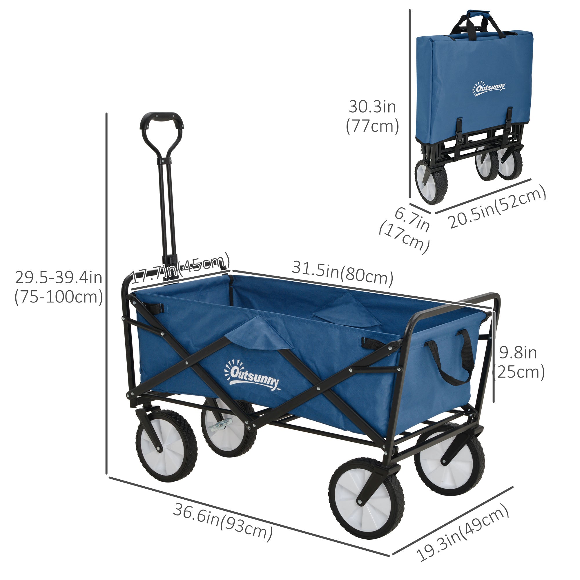 Outsunny Folding Wagon Cart Collapsible Camping Trolley Garden Heavy Duty Shopping Cart with Navy Blue