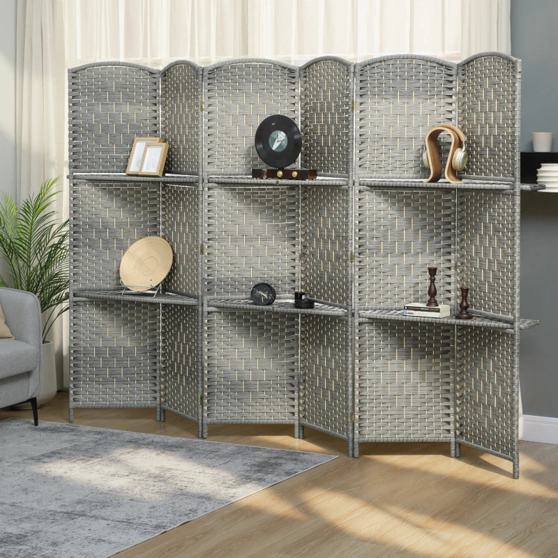 6 FT Privacy Screen, 6 Panel Room Divider with Shelves for Living Room Bedroom Home Office, Grey