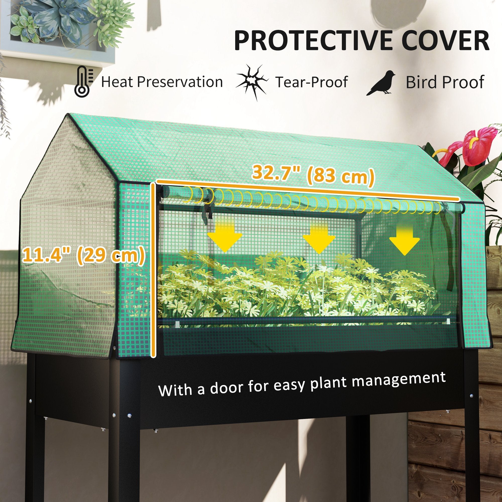 Outsunny Raised Garden Bed Planter with PE Greenhouse Cover, Elevated Garden Bed Box with Drainage Hole for Flowers, Black