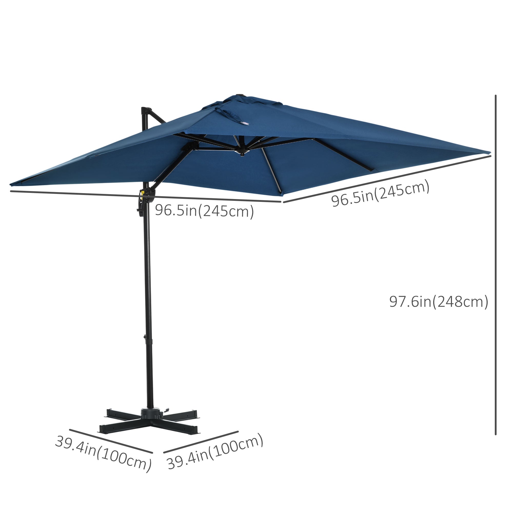 Outsunny Square Patio Hanging Offset Umbrella 8' x 8' Aluminum Cantilever Crank Market Parasol 360° Rotation Cross Base Dark Blue