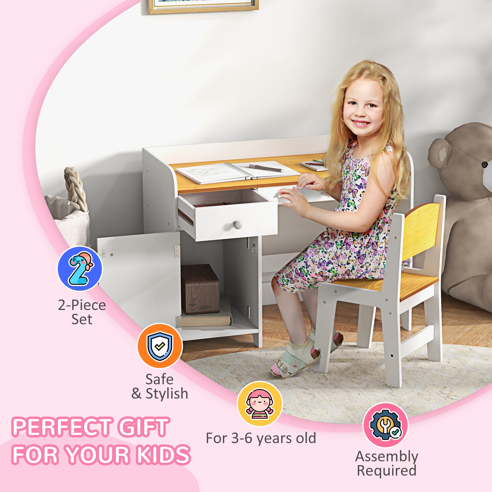 Qaba Kids Desk and Chair Set for 3-6 Year Old with Storage Drawer Study Table and Chair for Children White
