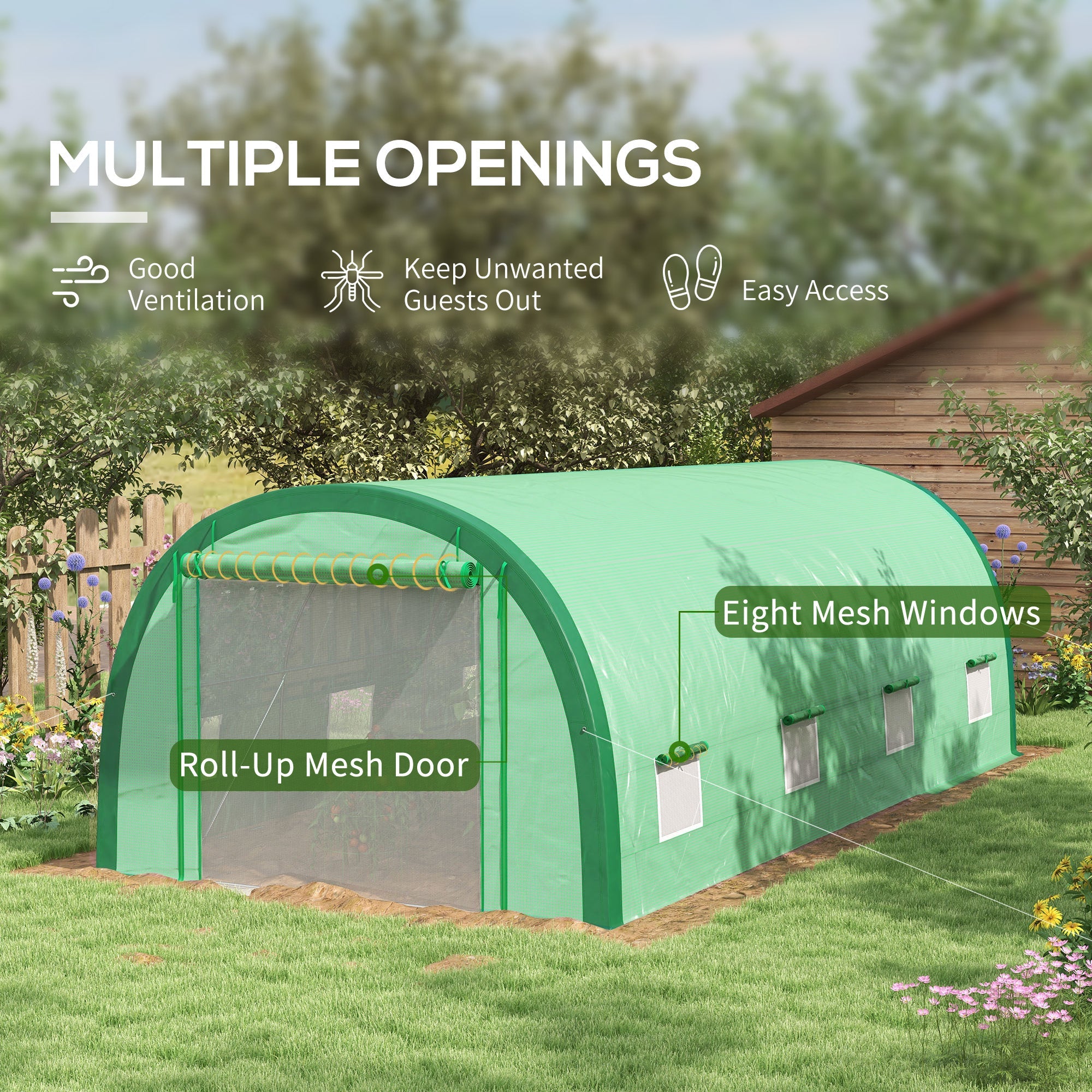 Outsunny 19.5'x10'x6.5' Upgraded Tunnel Greenhouse Mesh Door Windows 15 Plant Labels Gloves Green