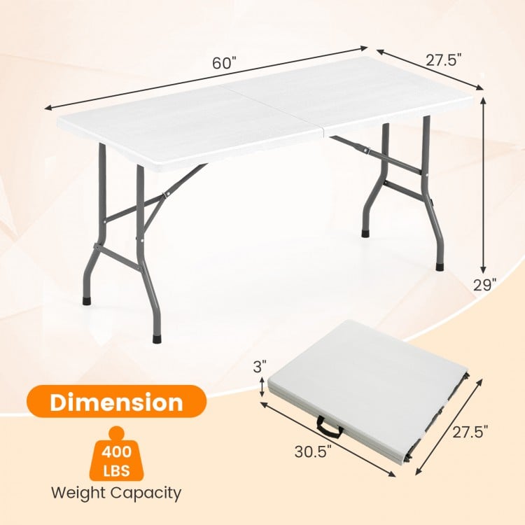5FT Folding Picnic Table with Wood Grain HDPE Tabletop and Non-slip Foot Pads-White