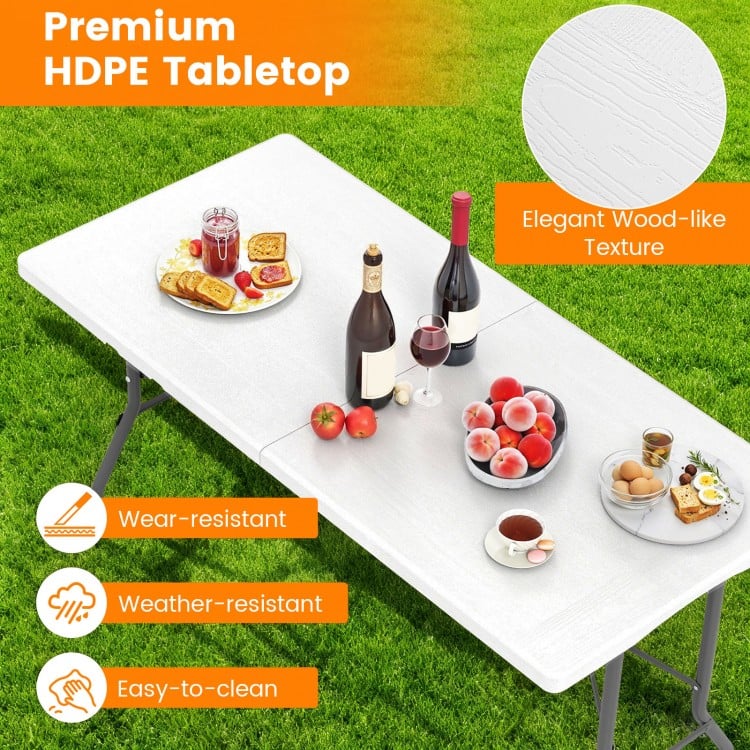 5FT Folding Picnic Table with Wood Grain HDPE Tabletop and Non-slip Foot Pads-White