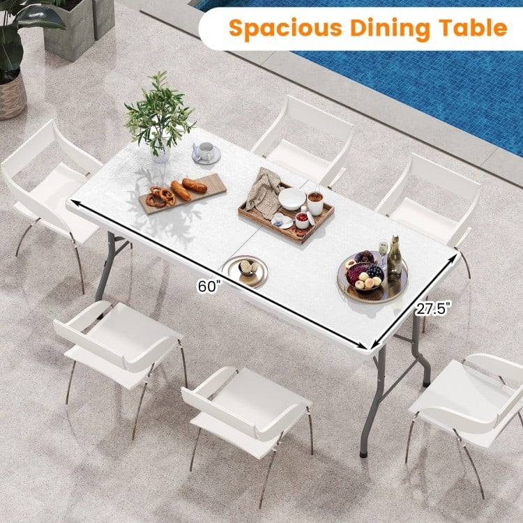 5FT Folding Picnic Table with Wood Grain HDPE Tabletop and Non-slip Foot Pads-White