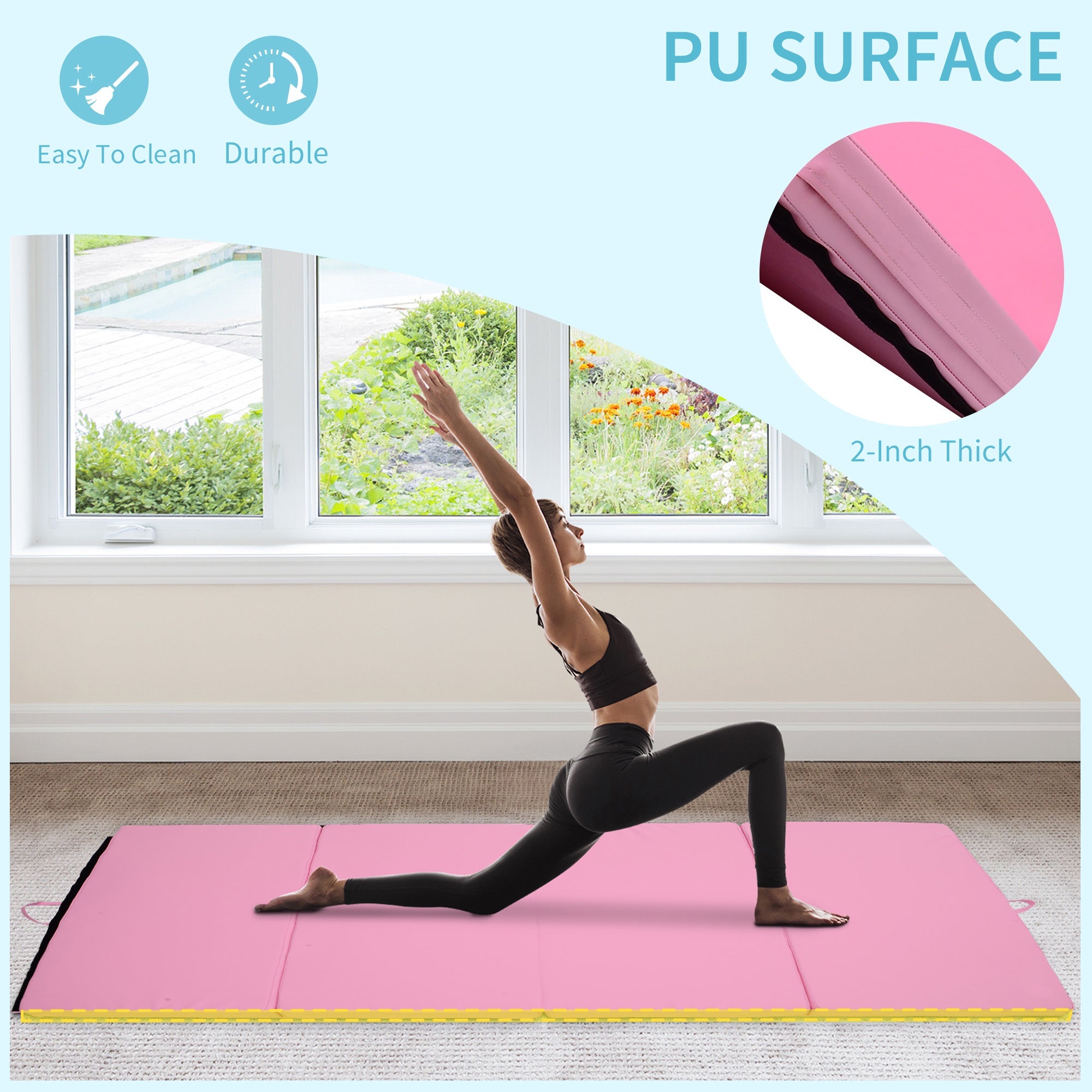 Soozier Folding Gymnastics Exercise Mat 4'x6' Yoga MMA Martial Arts Mat with Carrying Handles Pink