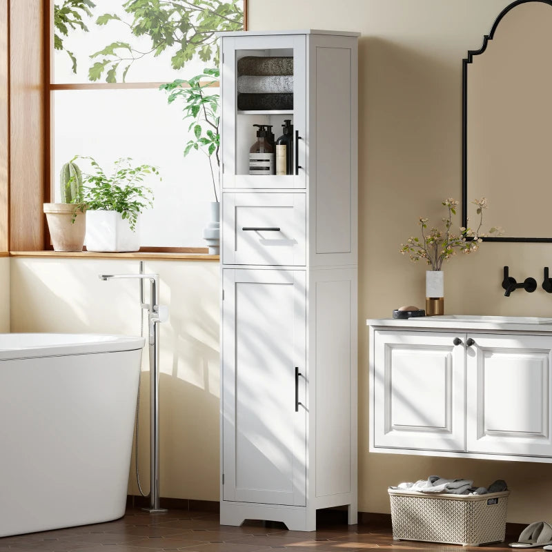 67" Tall Bathroom Storage Cabinet, Freestanding Narrow Bathroom Cabinet with Adjustable Shelves, Glass Door and Drawer