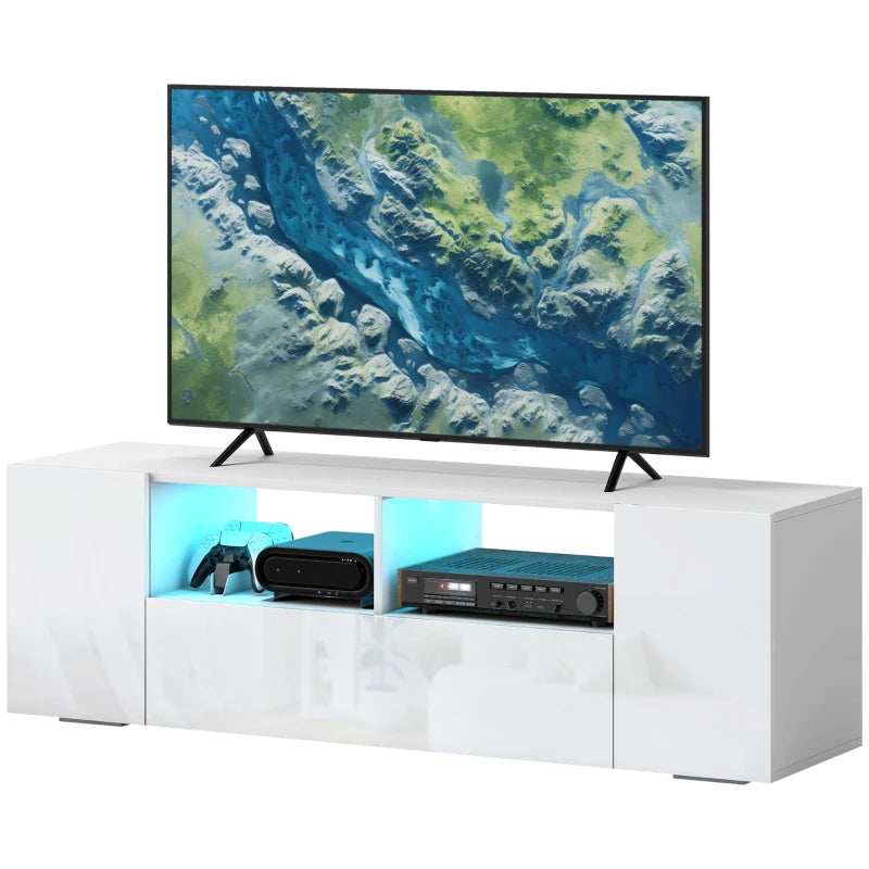 TV Stand for TVs up to 60", TV Unit with LED Lights, Storage Shelves and Cupboards, 53.9" x 13.8" x 16.5", White
