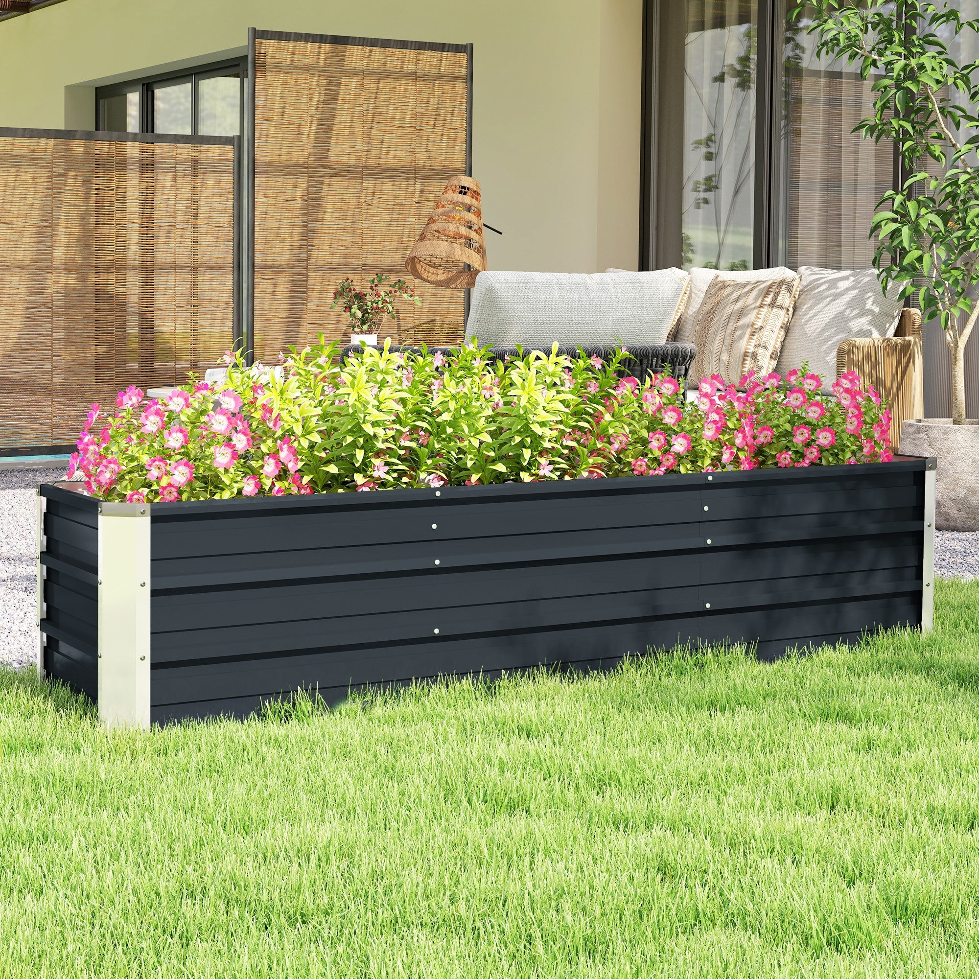 Outsunny Galvanized Raised Garden Bed, Elevated Large Metal Planter Box w/ Install Gloves for Backyard, Patio to Grow Vegetables, Herbs, and Flowers, Dark Grey