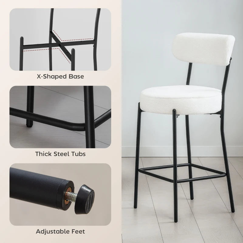 Set of 2 Barstools, Upholstered Bar Stools with Backrest, Footrest for Kitchen Island, Dining Room, Cream White