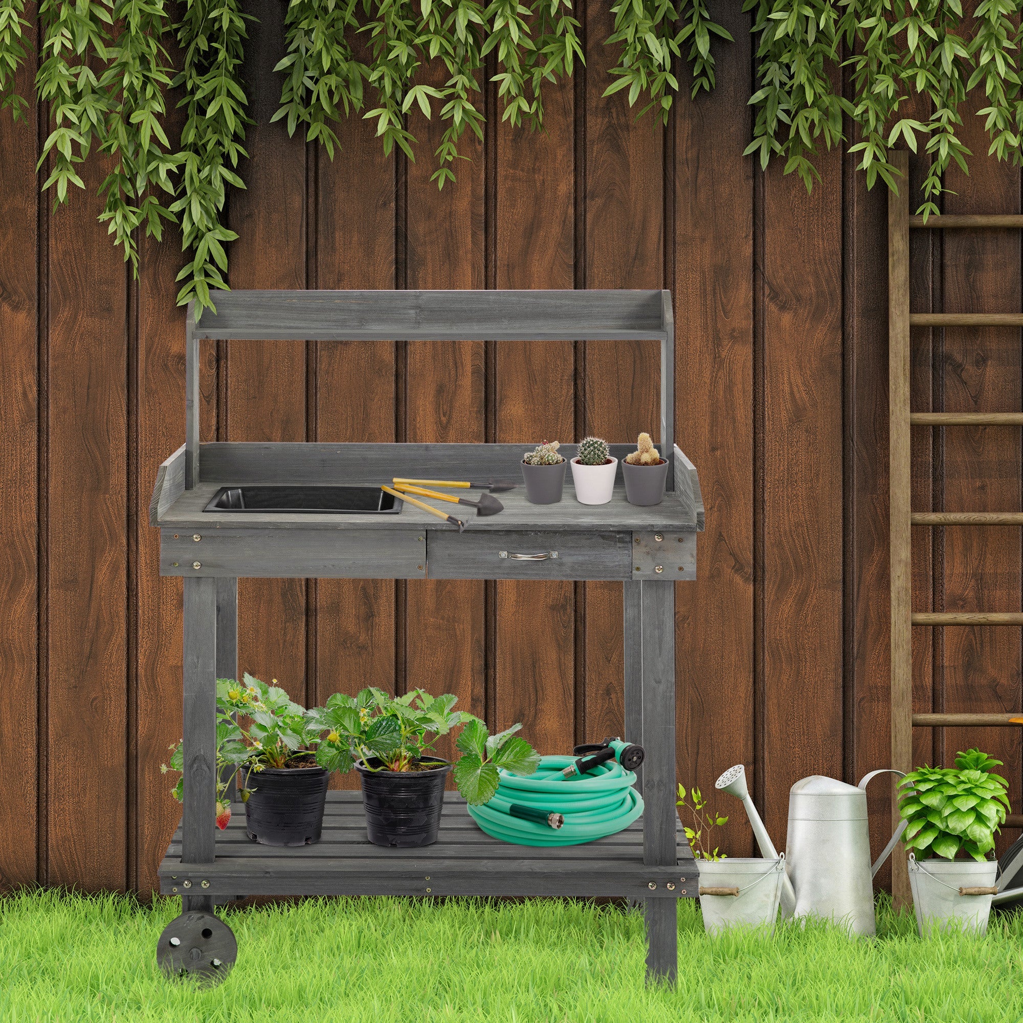 Outsunny Wooden Potting Bench 36" Work Table with Removable Wheels Sink Drawer Storage Spaces Gray