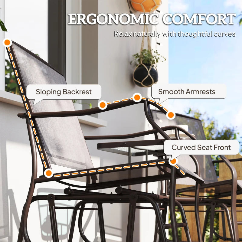 Double Patio Glider Chair with Glass Top Center Table, Outdoor Glider Loveseat with High Back, All Weather Breathable Mesh Fabric for Garden, Backyard, Deck, Grey