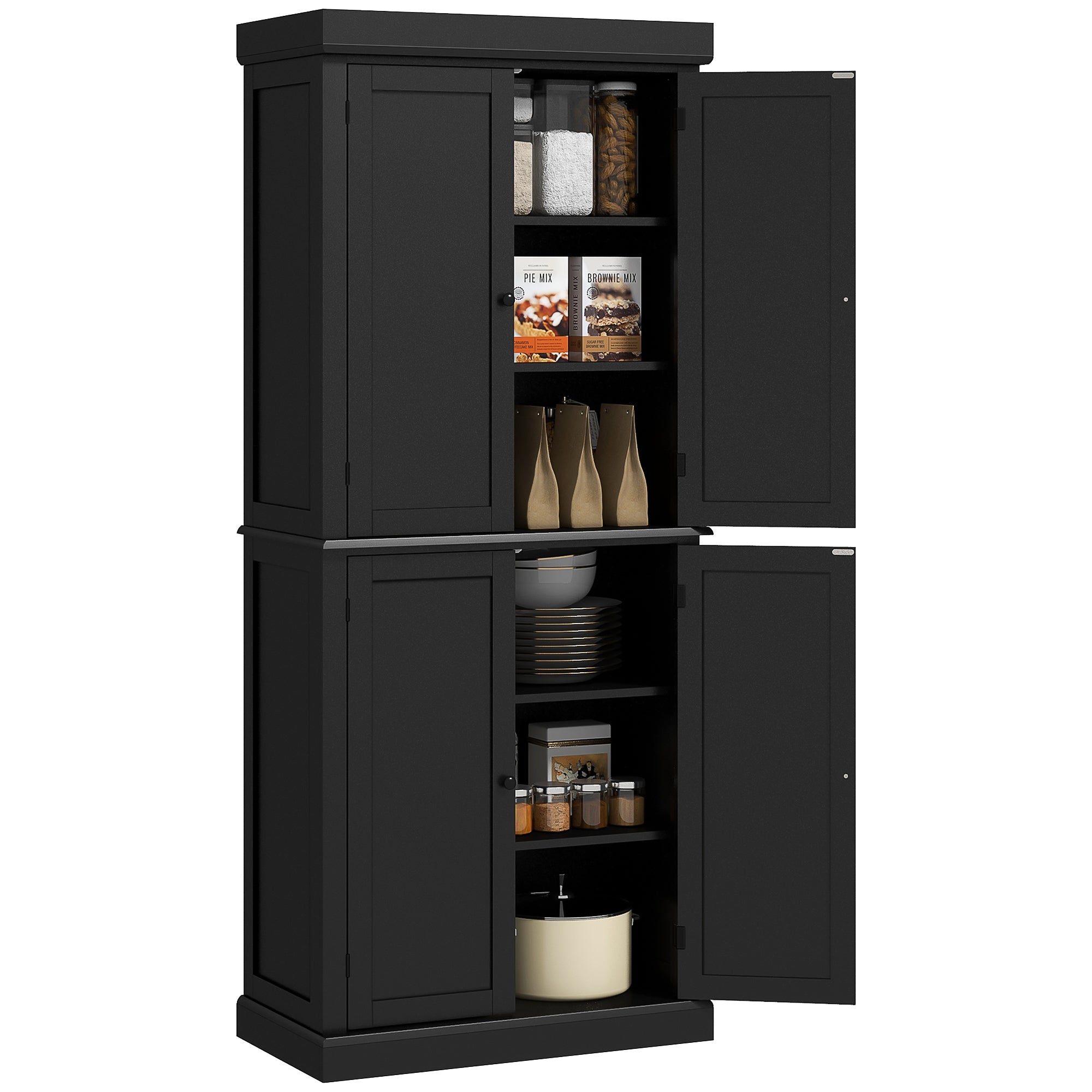 HOMCOM Black Modern Pantry Cabinet: Freestanding 4-Door Kitchen Storage Organizer with 6-Tier and 4 Adjustable Shelves