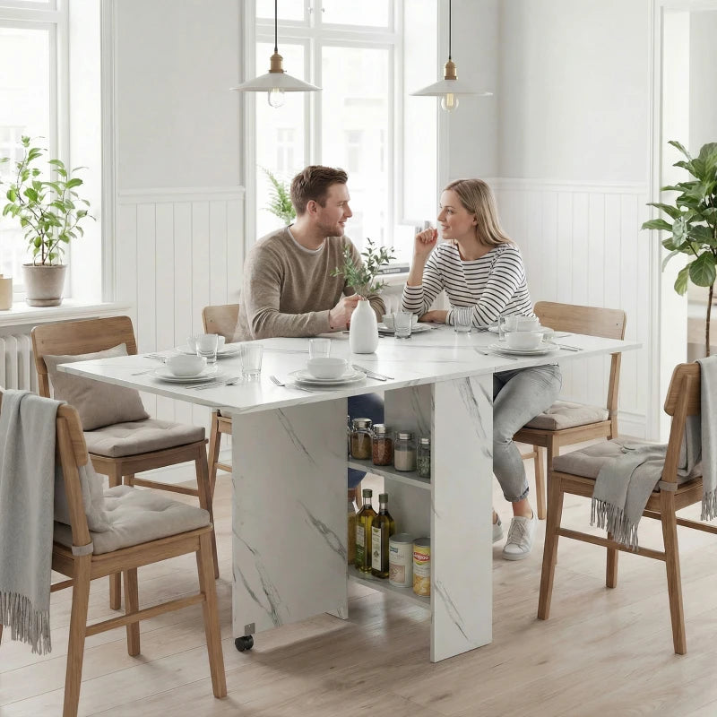 Extendable Dining Table, Collapsible Folding Table with 2-tier Shelves and Rolling Casters, Marble White