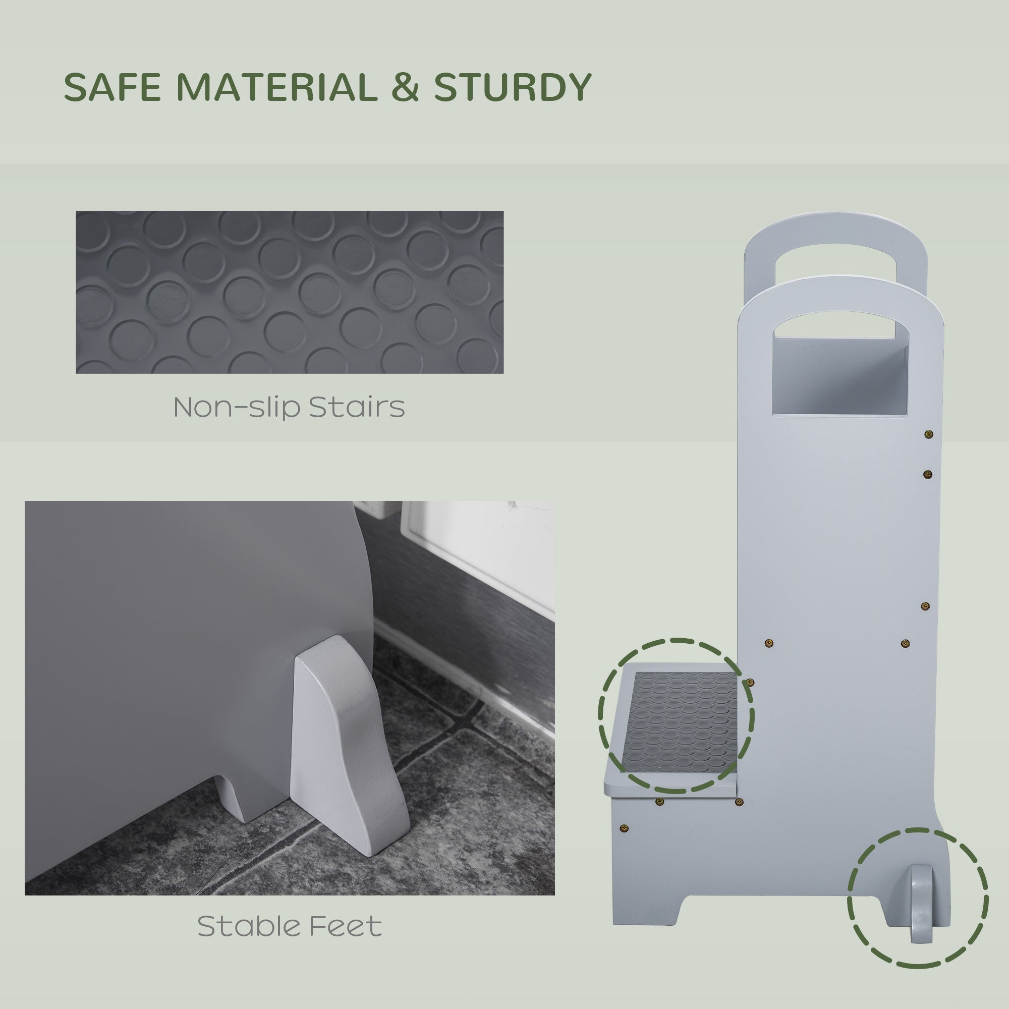 Qaba Kids Step Stool with 2 Steps Support Handles Non-Slip Hardwood Stepping Stool for Children Kitchen Helper Grey