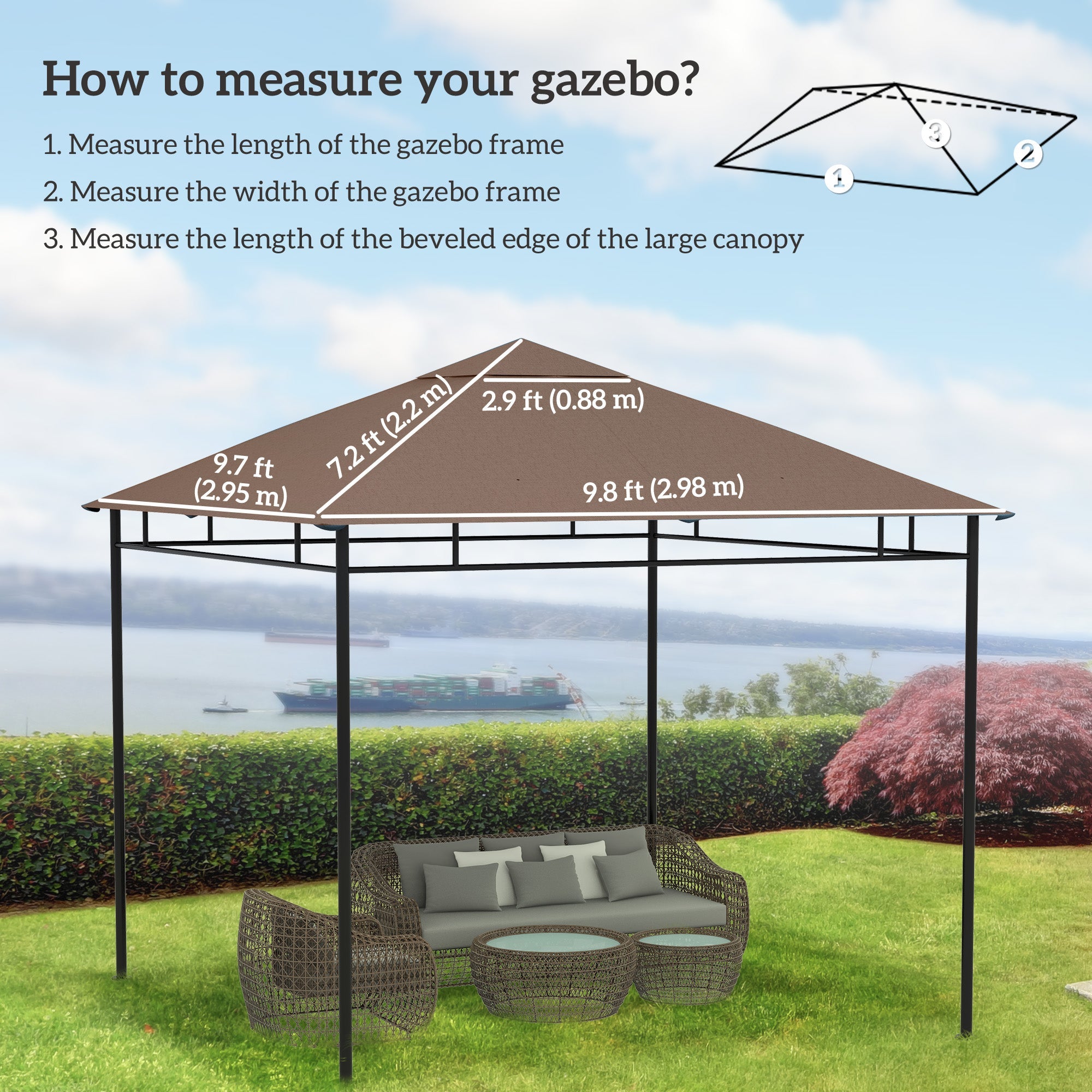 Outsunny Gazebo Canopy Replacement 9.84 x 9.84ft UV Protected Top Sun Shade Coffee