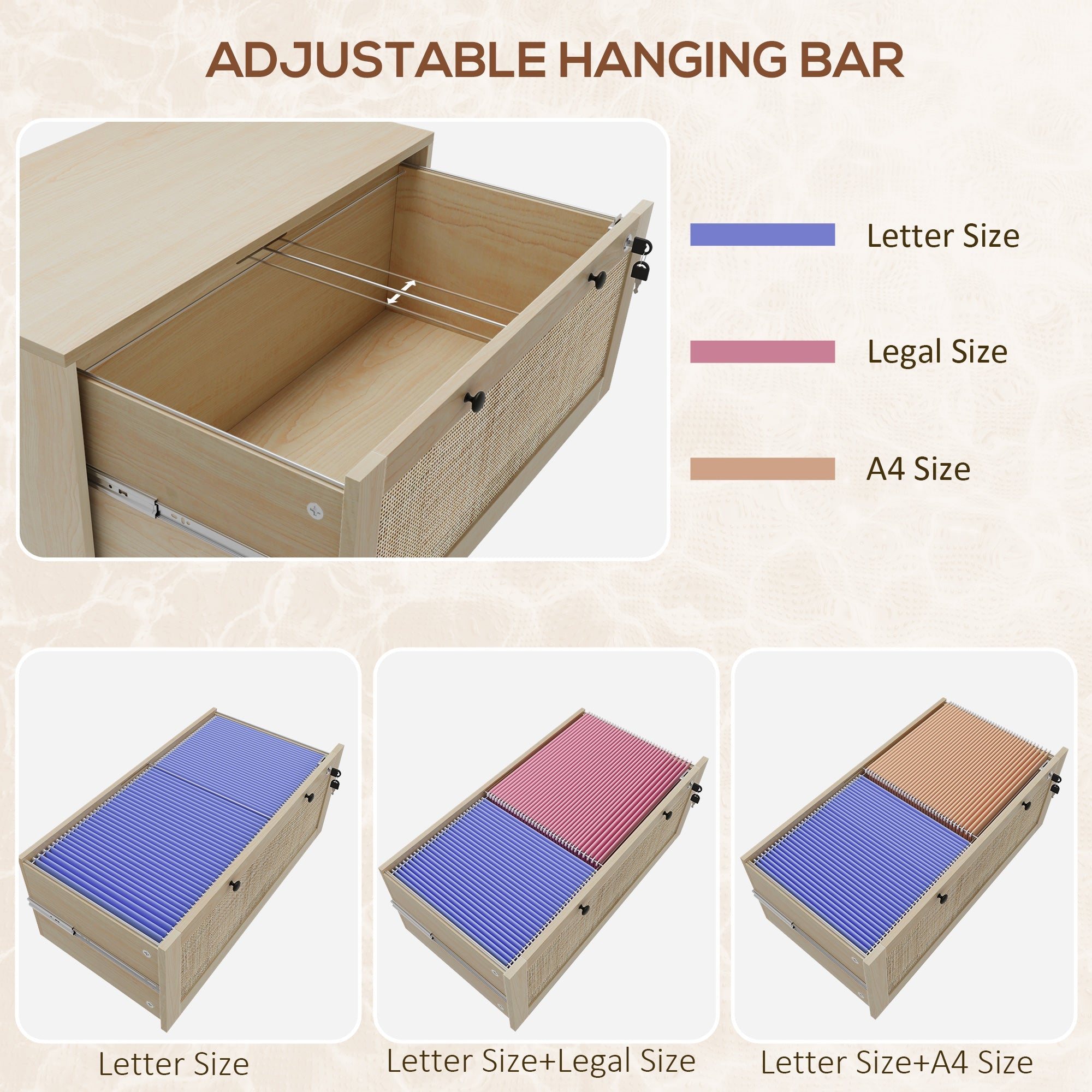 Vinsetto Boho Lockable 2 Drawer File Cabinet Adjustable Bar for Letter A4 Legal Size Natural Office Storage