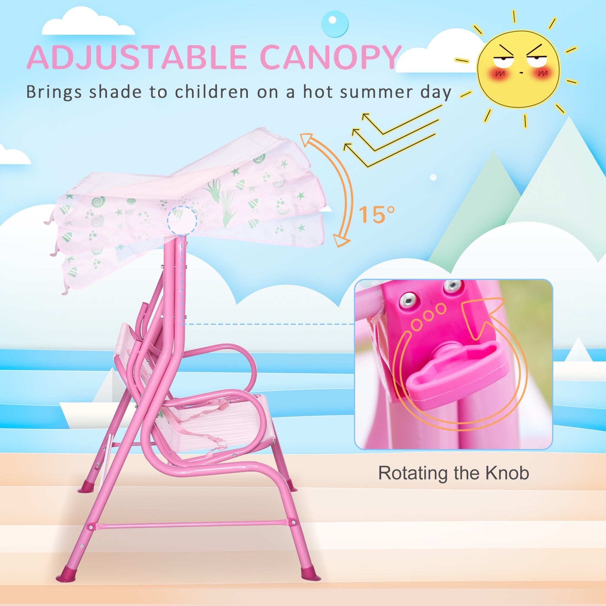 Outsunny 2-Seat Kid Swing with Canopy Mermaid Pattern Pink Outdoor Patio Chair Adjustable Awning