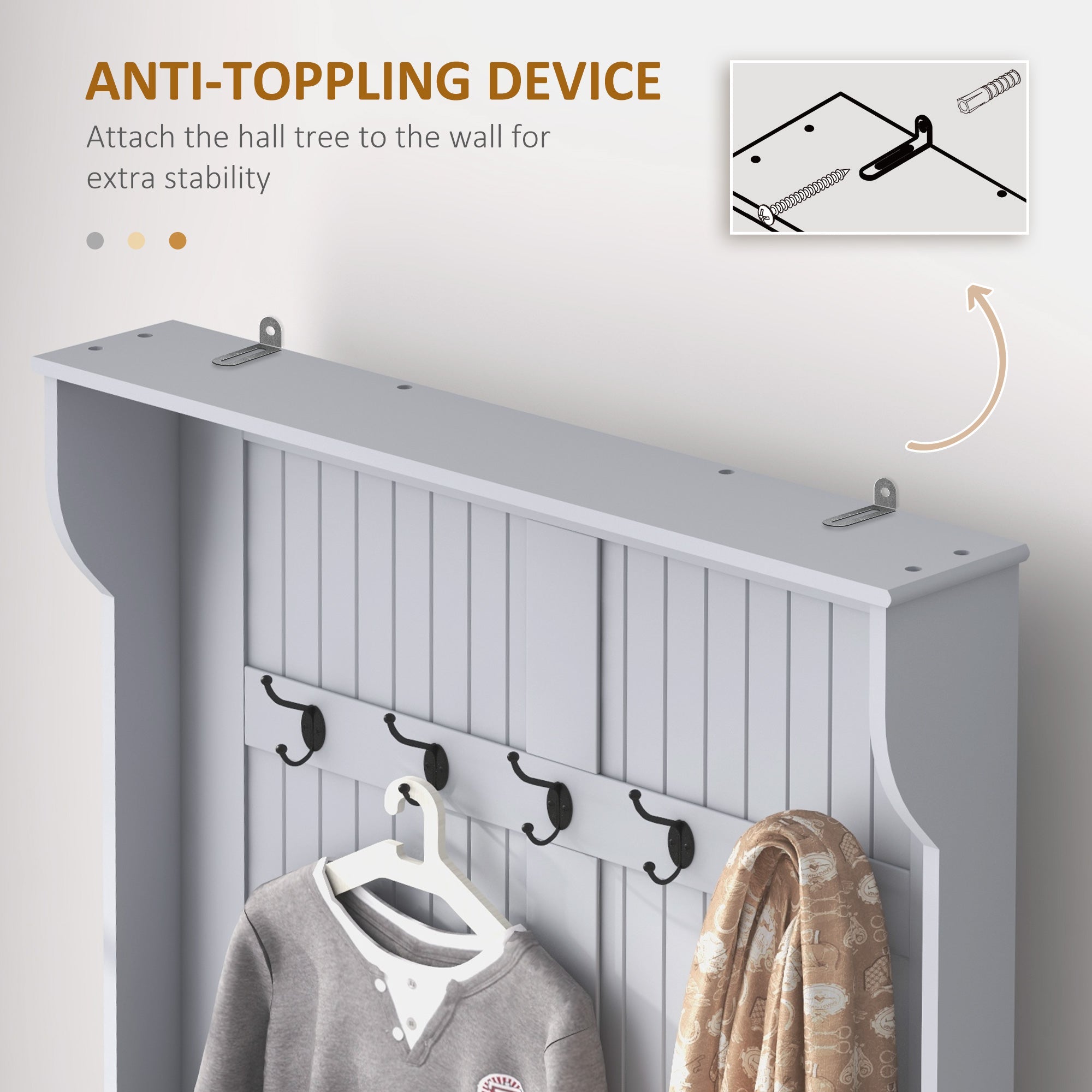 HOMCOM Modern 3-In-1 Entryway Hall Tree with Coat Rack, Bench and Shoe Storage, 5 Hooks for Hallway, Living Room, Grey