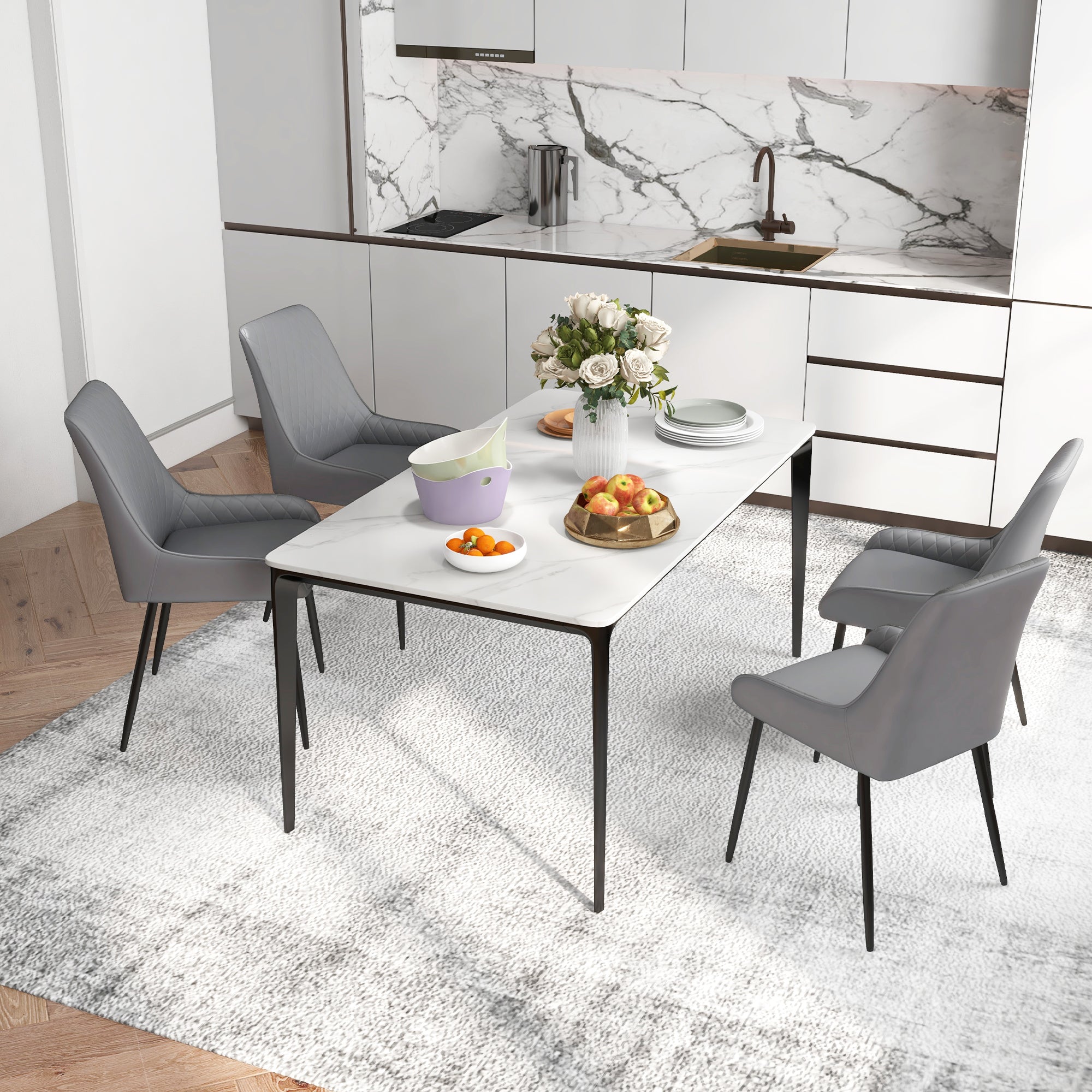 HOMCOM Set of 4 Dining Chairs PU Leather Modern Kitchen Seating Metal Legs for Dining Room Living Room Black