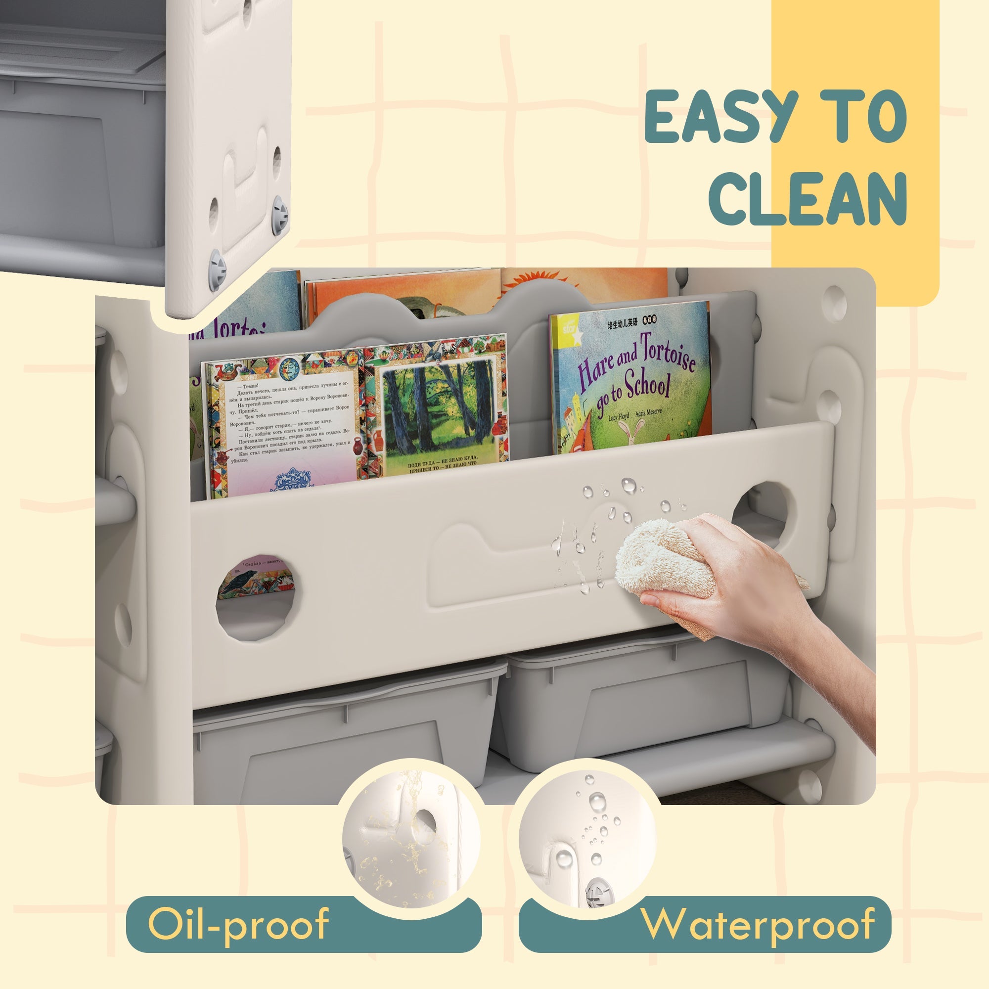 Qaba Toy Storage Organizer with 4 Storage Boxes, Bookshelves, Storage Racks, for Nursery, Kids Room, Playroom, Cream White