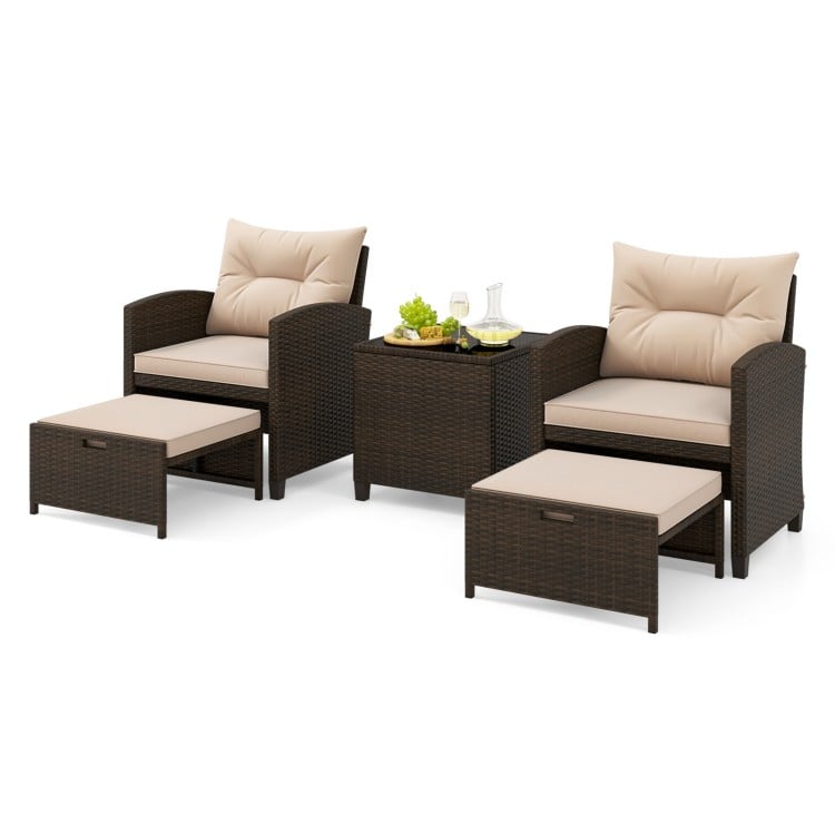 5PCS Outdoor Rattan Conversation Set Wicker Lounge Chairs with 2 Ottoman Stools and Glass Top Side Table-Beige