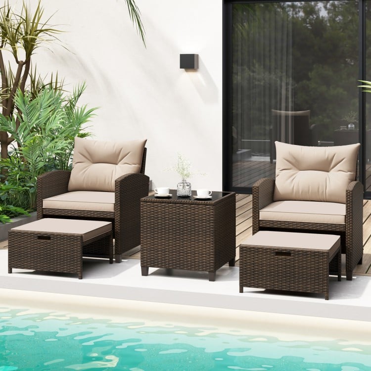 5PCS Outdoor Rattan Conversation Set Wicker Lounge Chairs with 2 Ottoman Stools and Glass Top Side Table-Beige