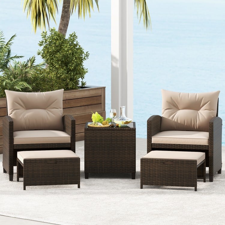 5PCS Outdoor Rattan Conversation Set Wicker Lounge Chairs with 2 Ottoman Stools and Glass Top Side Table-Beige