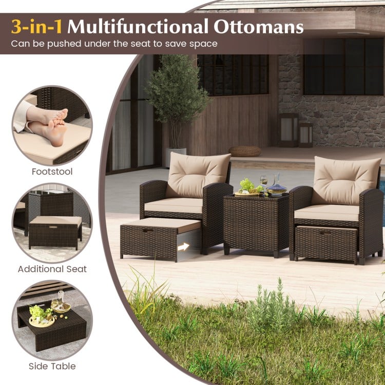 5PCS Outdoor Rattan Conversation Set Wicker Lounge Chairs with 2 Ottoman Stools and Glass Top Side Table-Beige