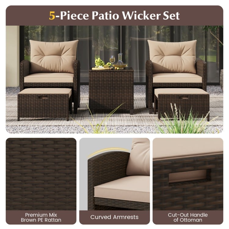 5PCS Outdoor Rattan Conversation Set Wicker Lounge Chairs with 2 Ottoman Stools and Glass Top Side Table-Beige