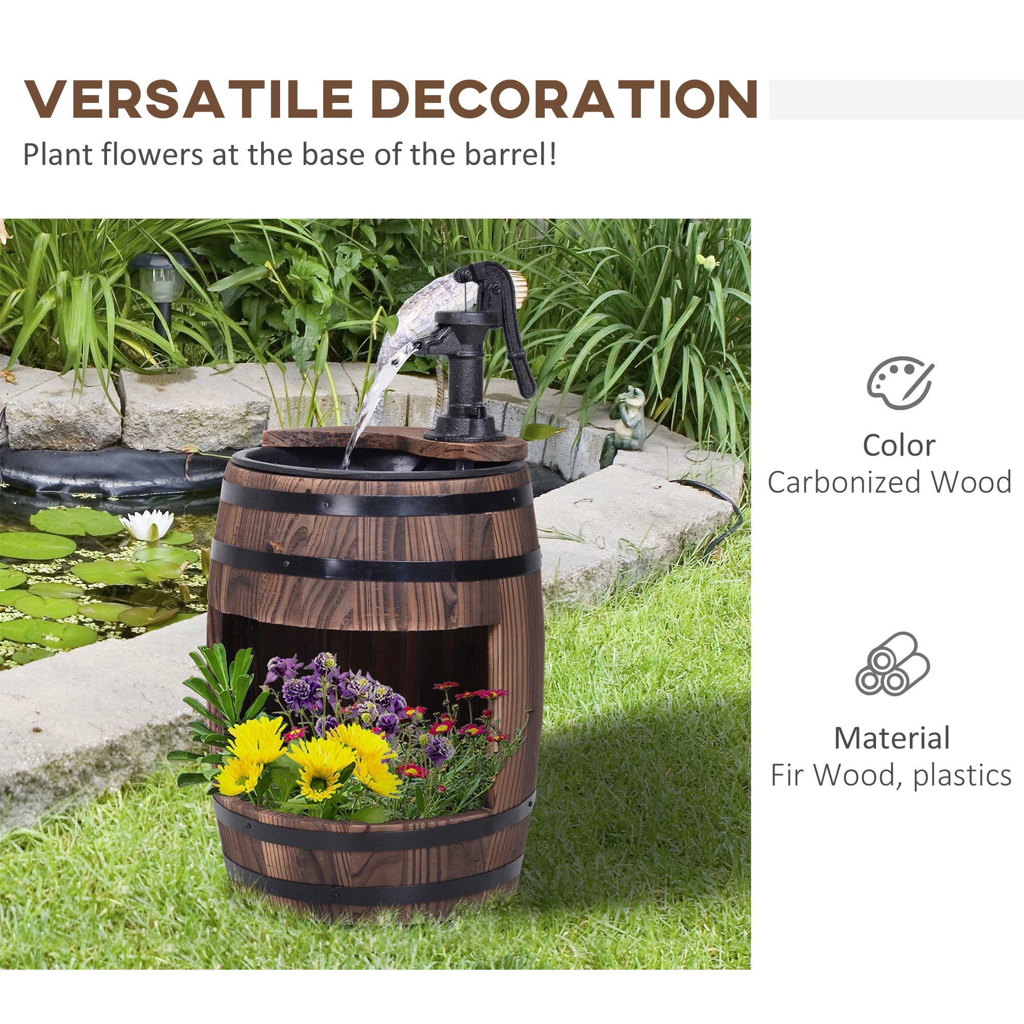 Outsunny Barrel Water Fountain, Wooden Electric Outdoor Feature with Pump, Carbonized for Patio & Backyard