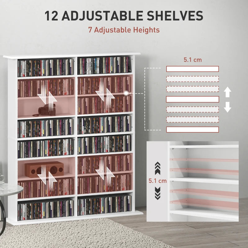 8-Tier DVD Shelf with 12 Adjustable Shelves, Double CD Shelf, Holds 720 CDs, 396 DVDs or 396 Blu-rays, White