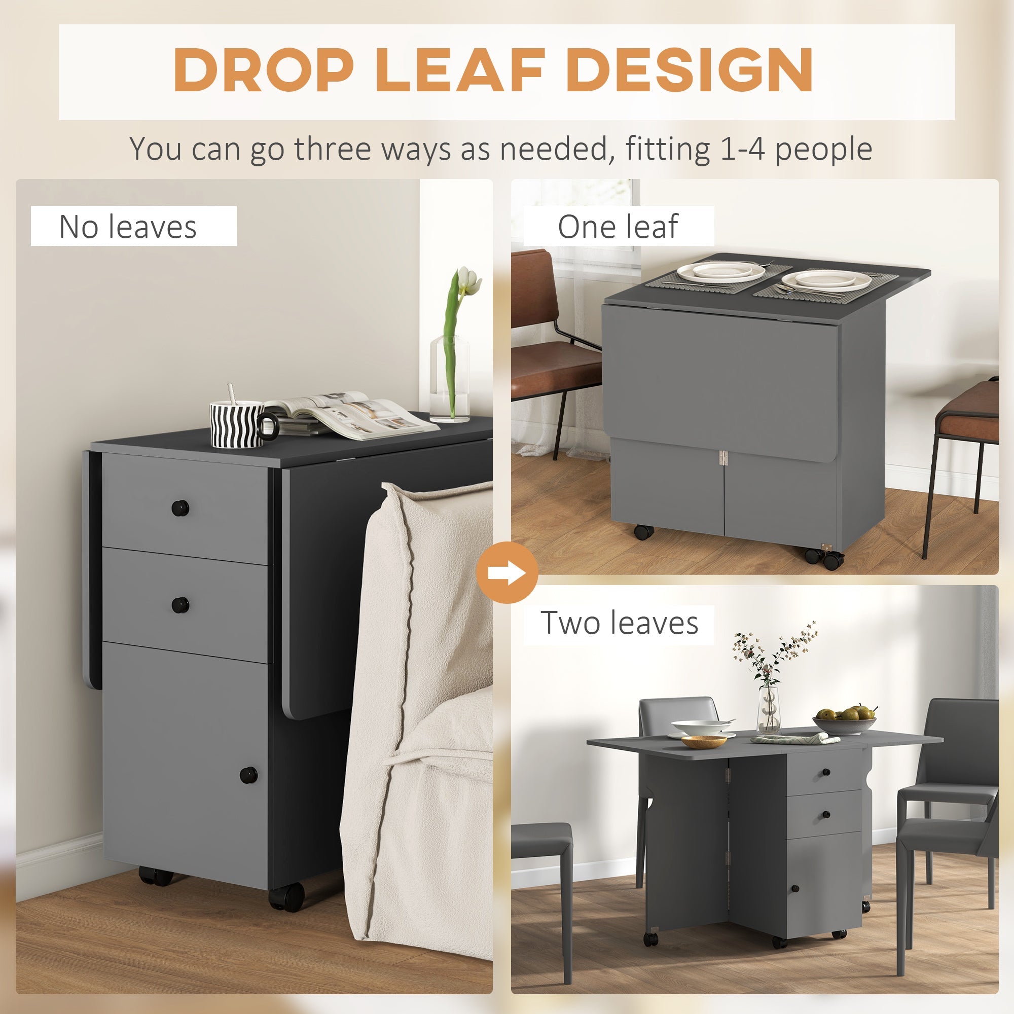 HOMCOM Extendable Drop Leaf Dining Table 2 Drawers Cabinet 6 Wheels Small Spaces Kitchen Grey