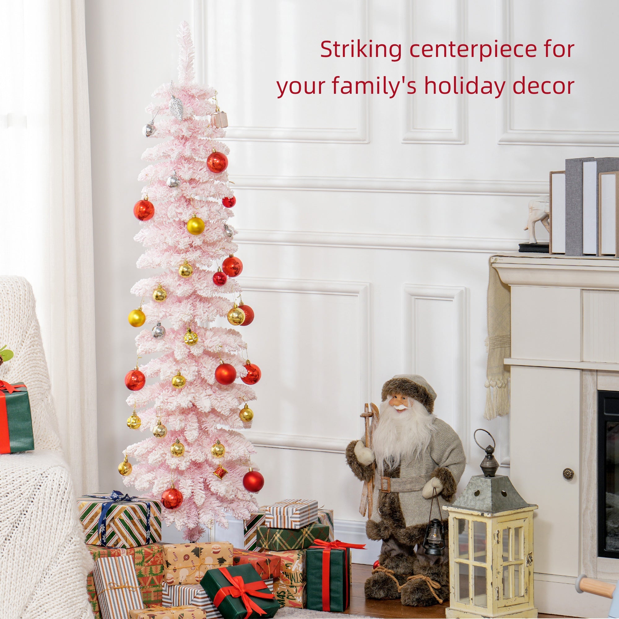 HOMCOM 5ft Snow-Flocked Artificial Christmas Tree, Slim Pencil Xmas Tree with 301 Realistic Branches, Metal Base, Pink