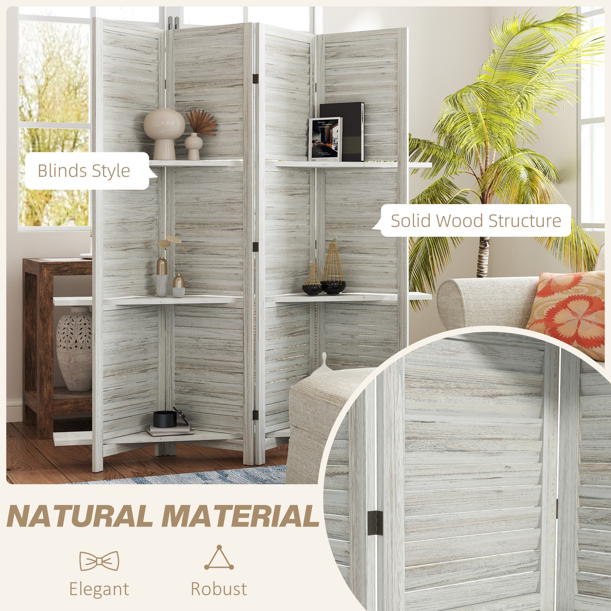 HOMCOM 4-Panel Wall Partition Room Separator with 3 Storage Shelves Foldable Design Wooden Frame 5.6FT Distressed White