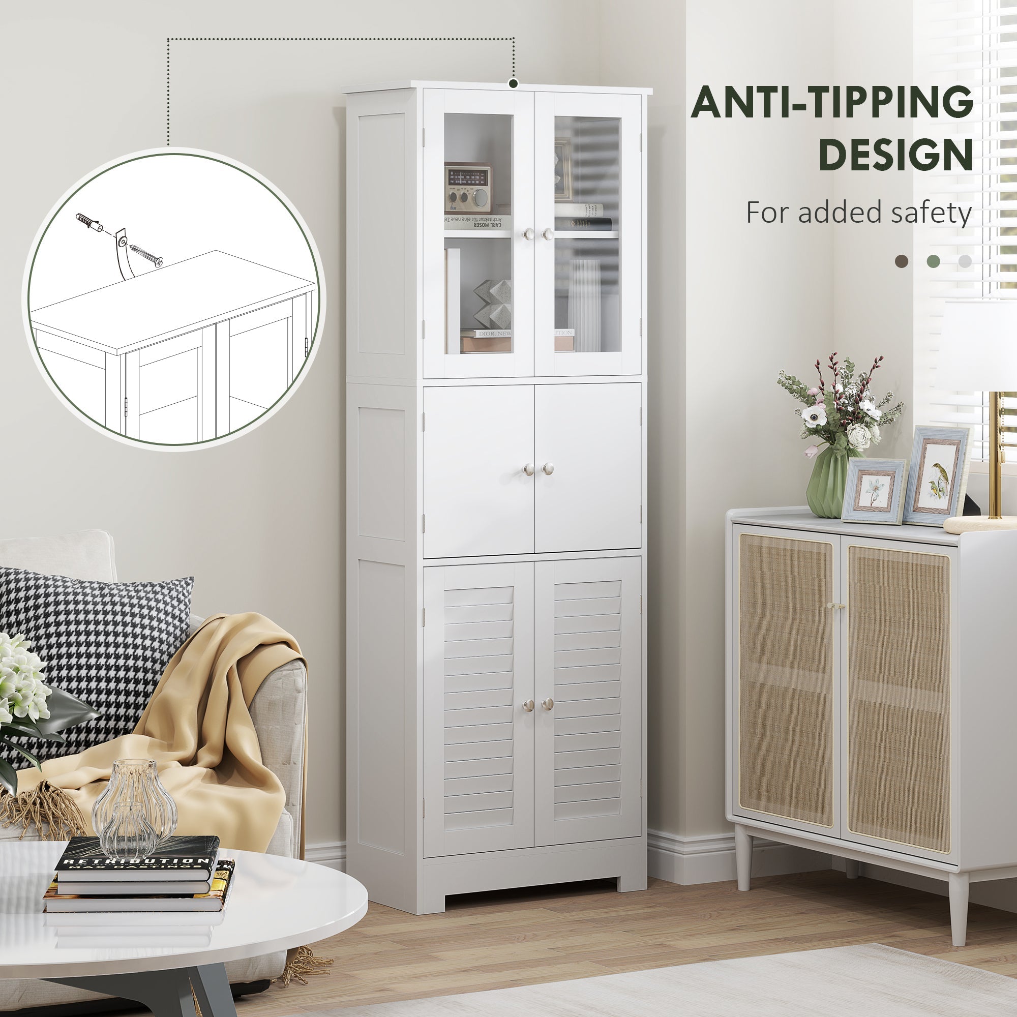 HOMCOM Freestanding Bathroom Cabinet Glass Louvred Doors Tall Cupboard Kitchen Study Living Room Storage Furniture White