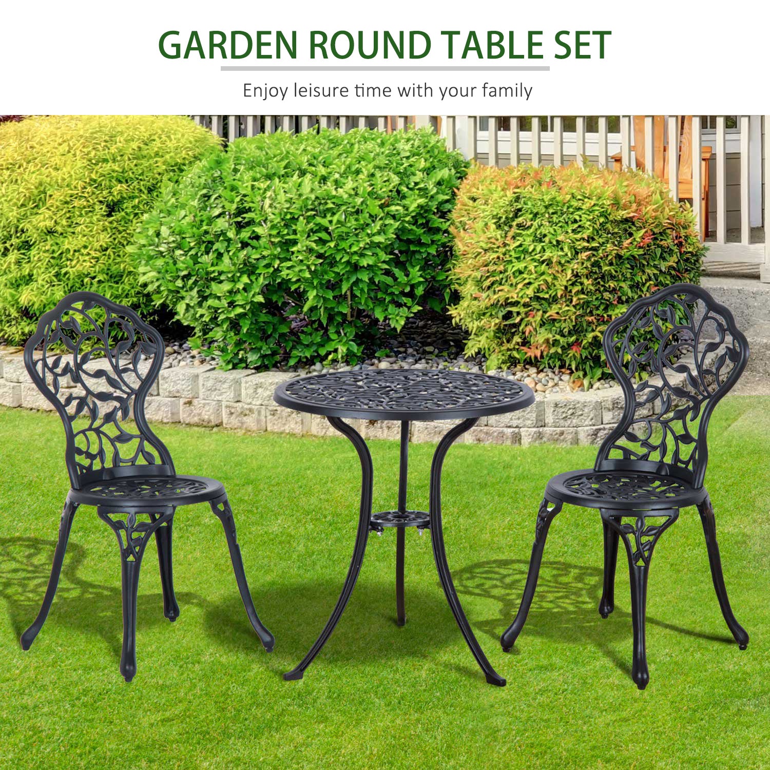 Outsunny 3pcs Patio Bistro Set with Umbrella Hole, Antique Style Garden Coffee Set, Outdoor Bistro Dining Set - Black