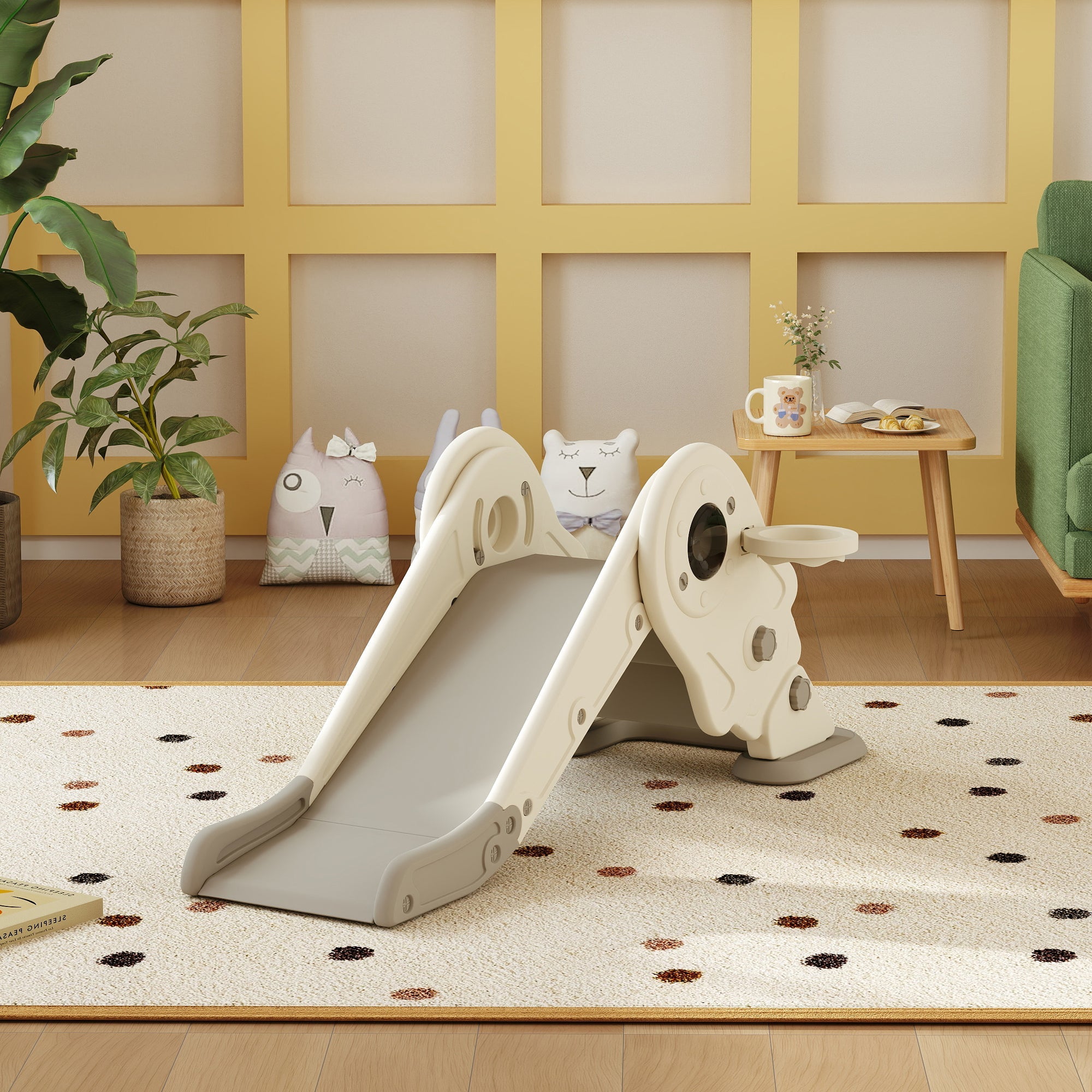 Qaba 3 in 1 Toddler Slide, Foldable Kids Slide with Basketball Hoop, Climber, Anti-Slide Step for Ages 2-5, Cream White