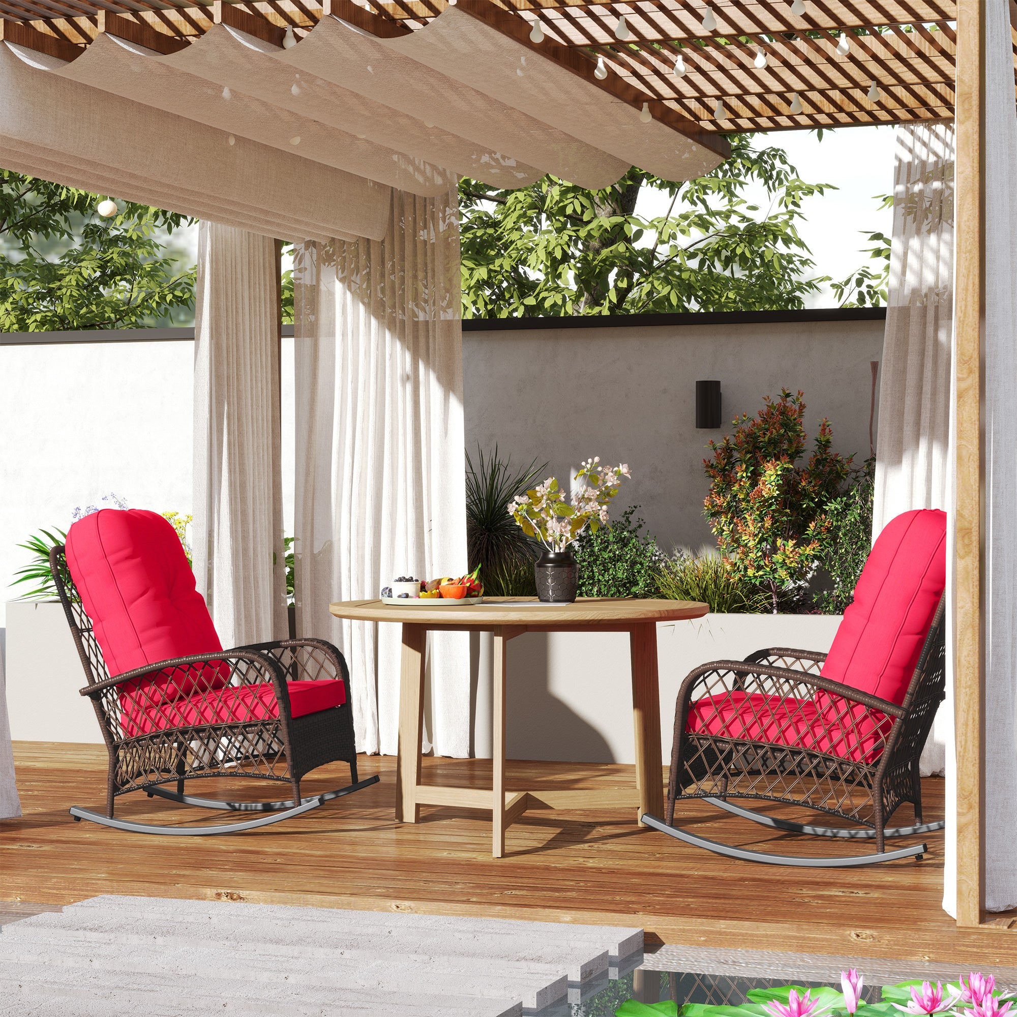 Outsunny Outdoor Wicker Rattan Rocking Chair Set of 2, Patio Rocker with Thick Cushions for Garden Backyard Porch, Red