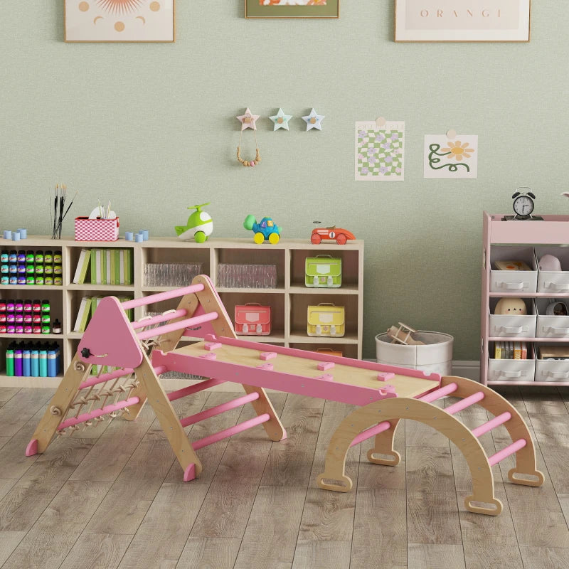Qaba 8-in-1 Pikler Triangle Set, Foldable Wooden Climbing Toys with Arch, Ramp and Ladder for Ages 18-48 Mouths, Pink