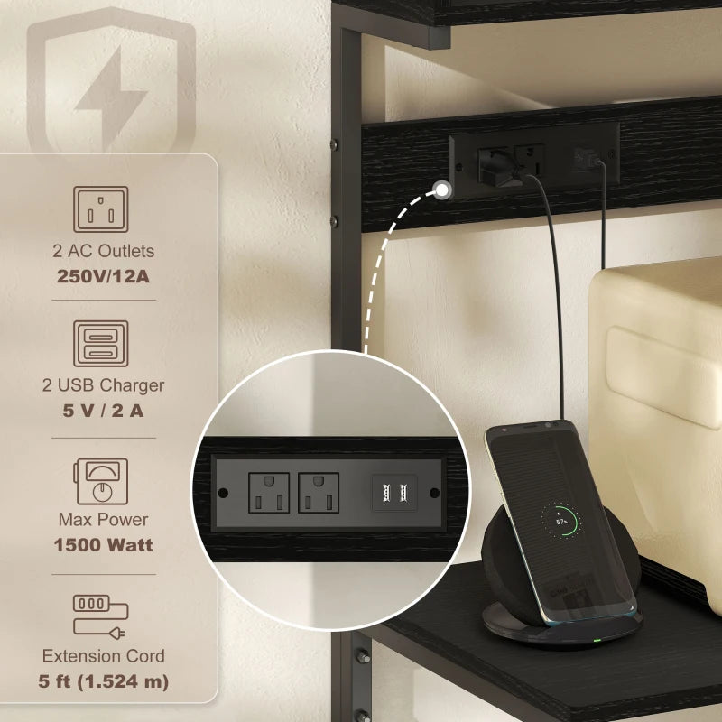 Baker's Rack with Charing Station, Microwave Shelf with Power Outlet, USB Charger and 5 Hooks, Black