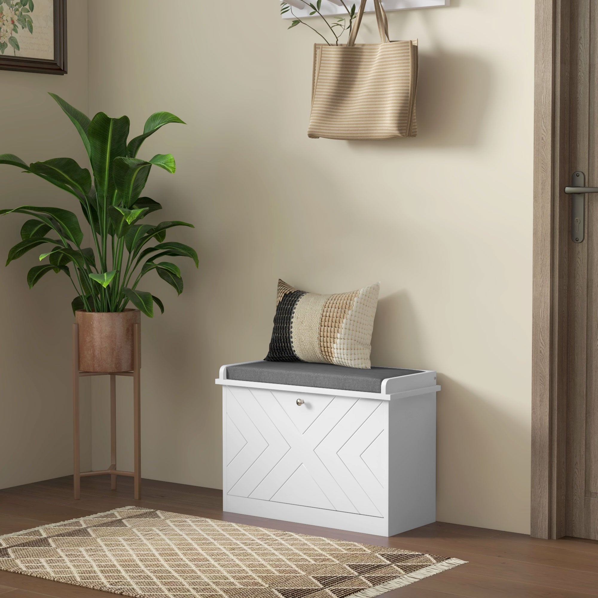 HOMCOM Entryway Shoe Bench with Storage Flip Drawer Adjustable Shelf for 6 Pairs Cushioned Hallway Bench White