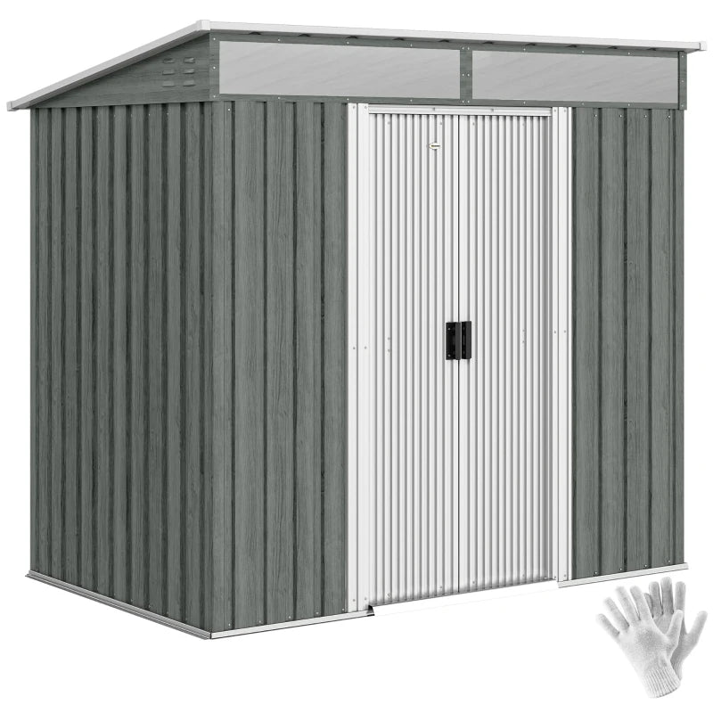 6.5x4FT Galvanised Metal Shed with Foundation Kit, Lockable Garden Tool Storage House with Sliding Doors, Vents, Grey