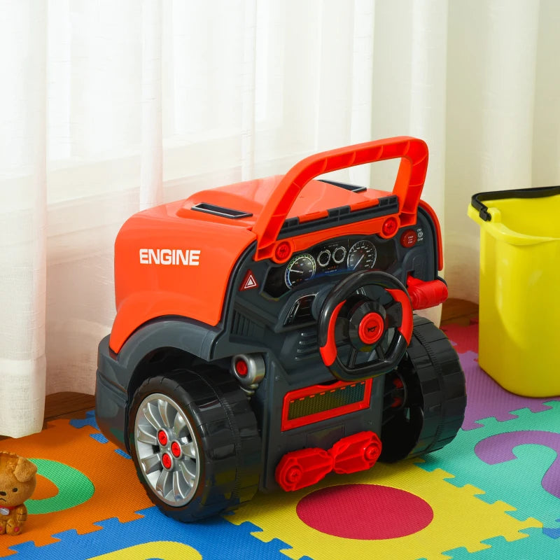 Qaba Kids Truck Engine Toys for Boys Girls 3 4 5 Years Old, Toddlers Construction Educational Repair Car Tool Set with Light and Sound, Orange