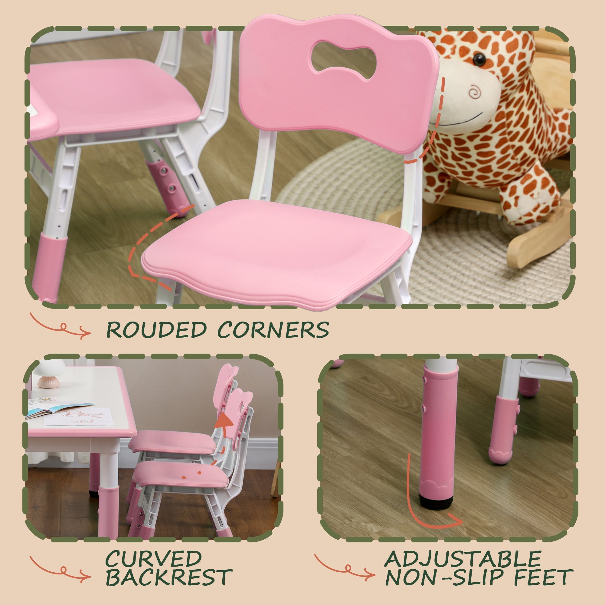 Qaba Kids Table & 4 Chair Set: Adjustable Height, Durable, Easy Clean for Toddlers in Pink