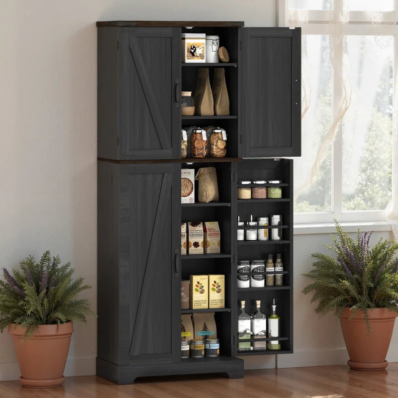 64" Tall Kitchen Pantry Cabinet with Spice Racks and Adjustable Shelves, Black Wood Grain