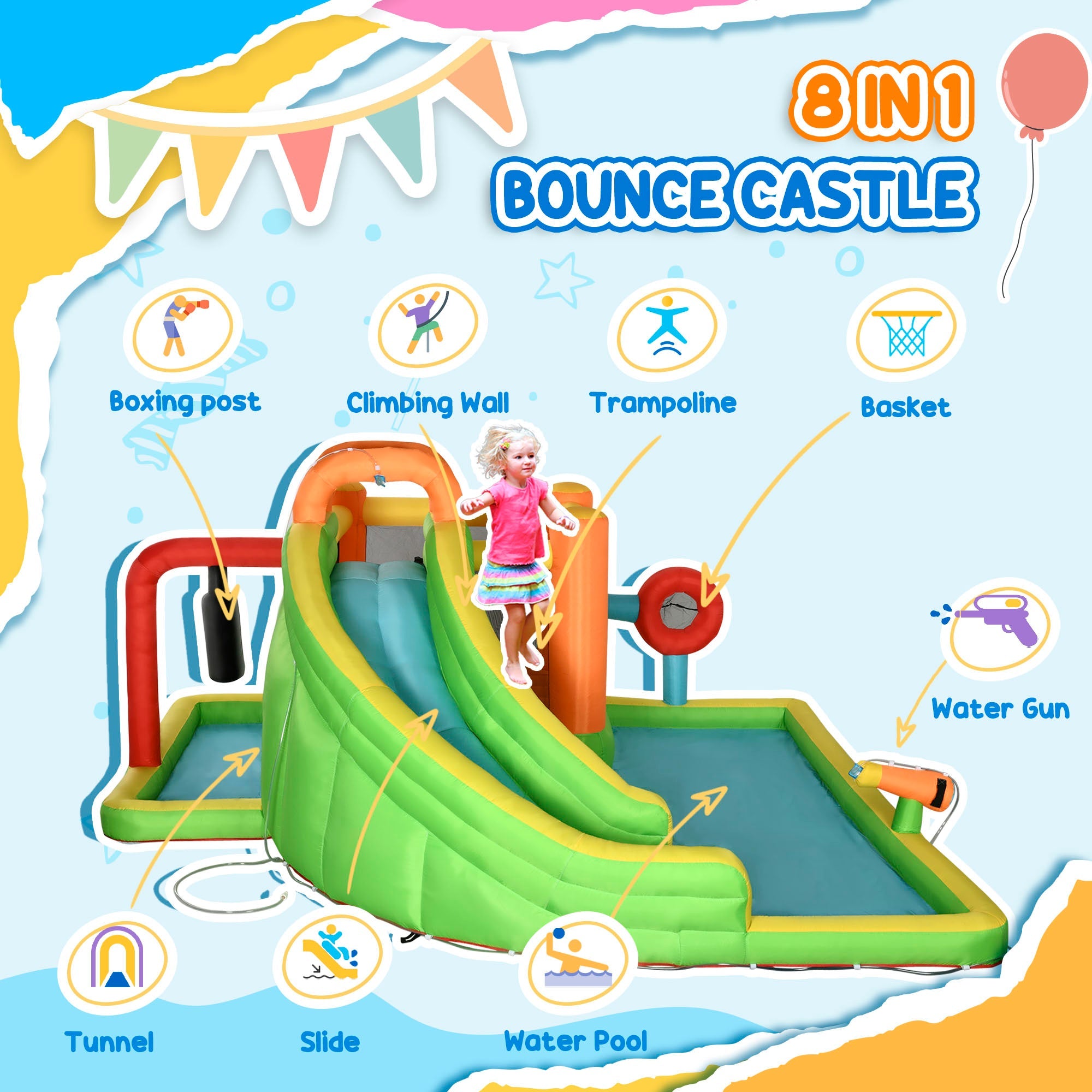 Outsunny 7-in-1 Inflatable Water Slide, Kids Castle Bounce House Includes Slide, Trampoline, Tunne