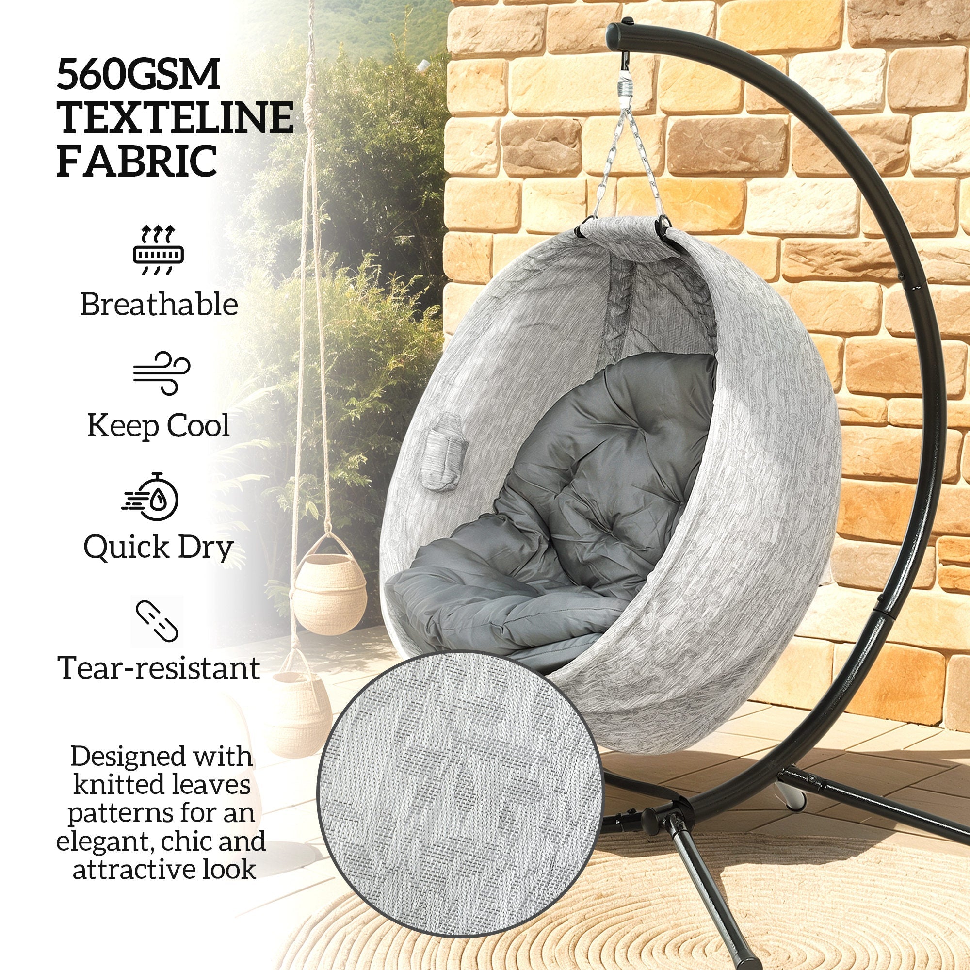Outsunny Egg Chair with Folding Basket, Outdoor Indoor Hanging Swing Chair with Stand, Cushions for Patio, Balcony, Grey